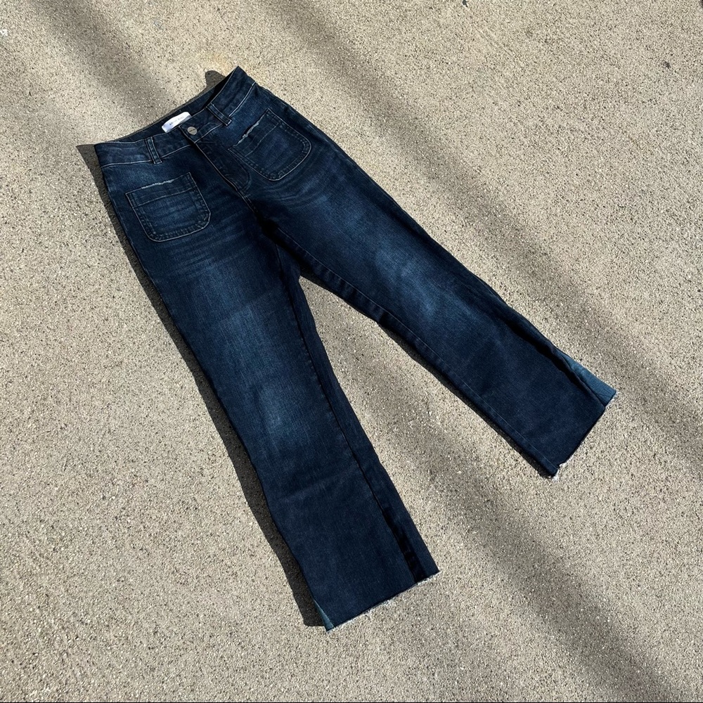 Anine Bing dark navy blue cropped straight leg raw hem jeans
